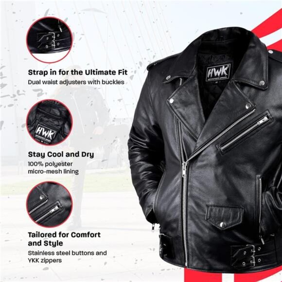 Leather Motorcycle Jacket for Men Ultra Comfy Vintage Style Genuine Black - Picture 3 of 8